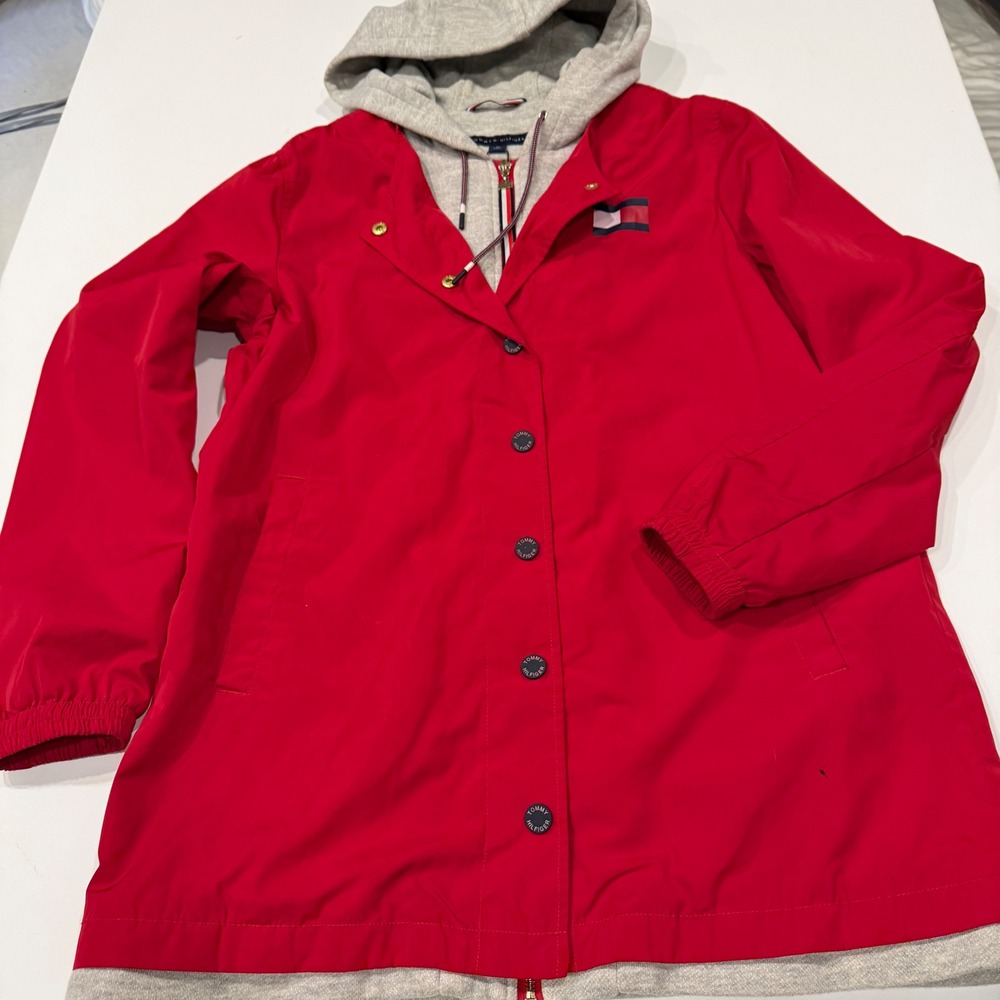 Tommy Hilfiger Red Hooded Jacket Grey Layered Knit Lining Medium